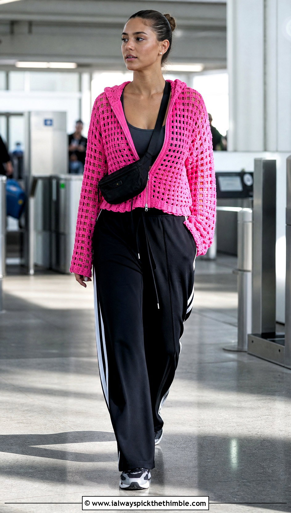 Hooded Open Grid Crochet Sweater With Track Pants - 15 Grid Crochet Sweater outfit ideas