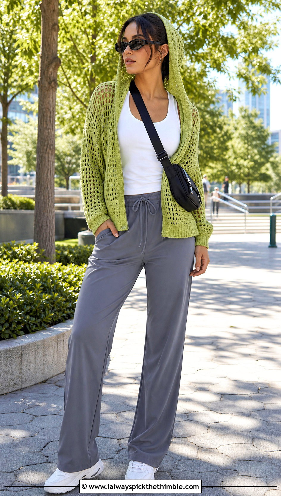 Hooded Open Knit Crochet Sweater With Track Pants - 15 Open Knit Crochet Sweater outfit ideas