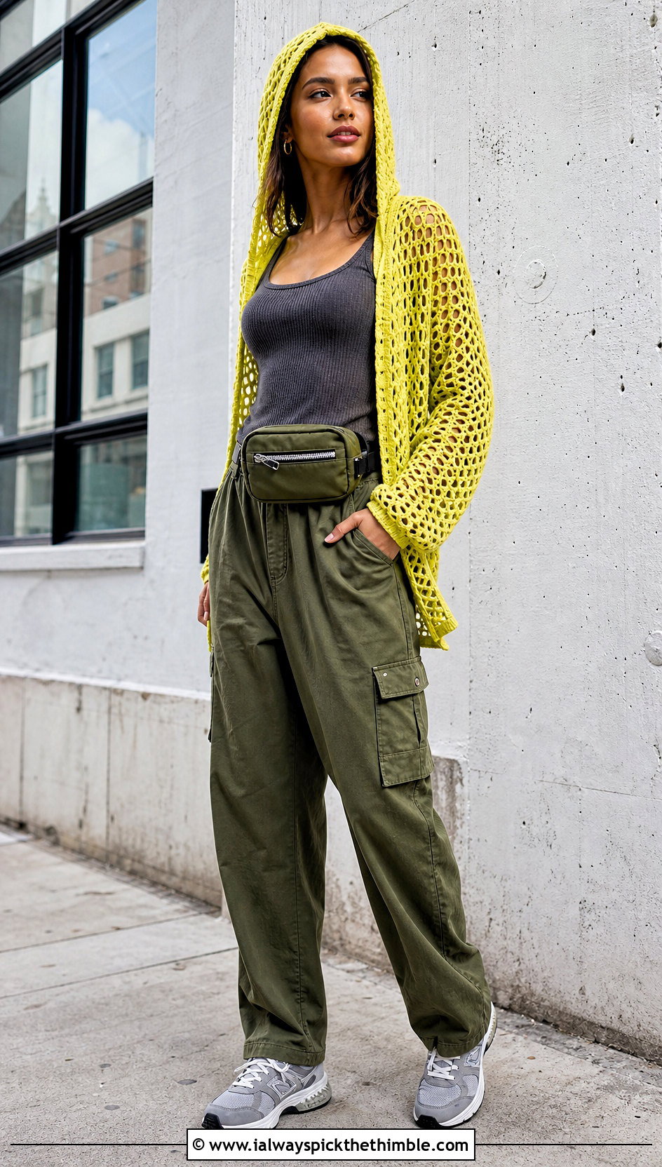 Hooded Open Mesh Crochet Cardigan With Cargo Pants - 25 crochet mesh cardigan outfit ideas