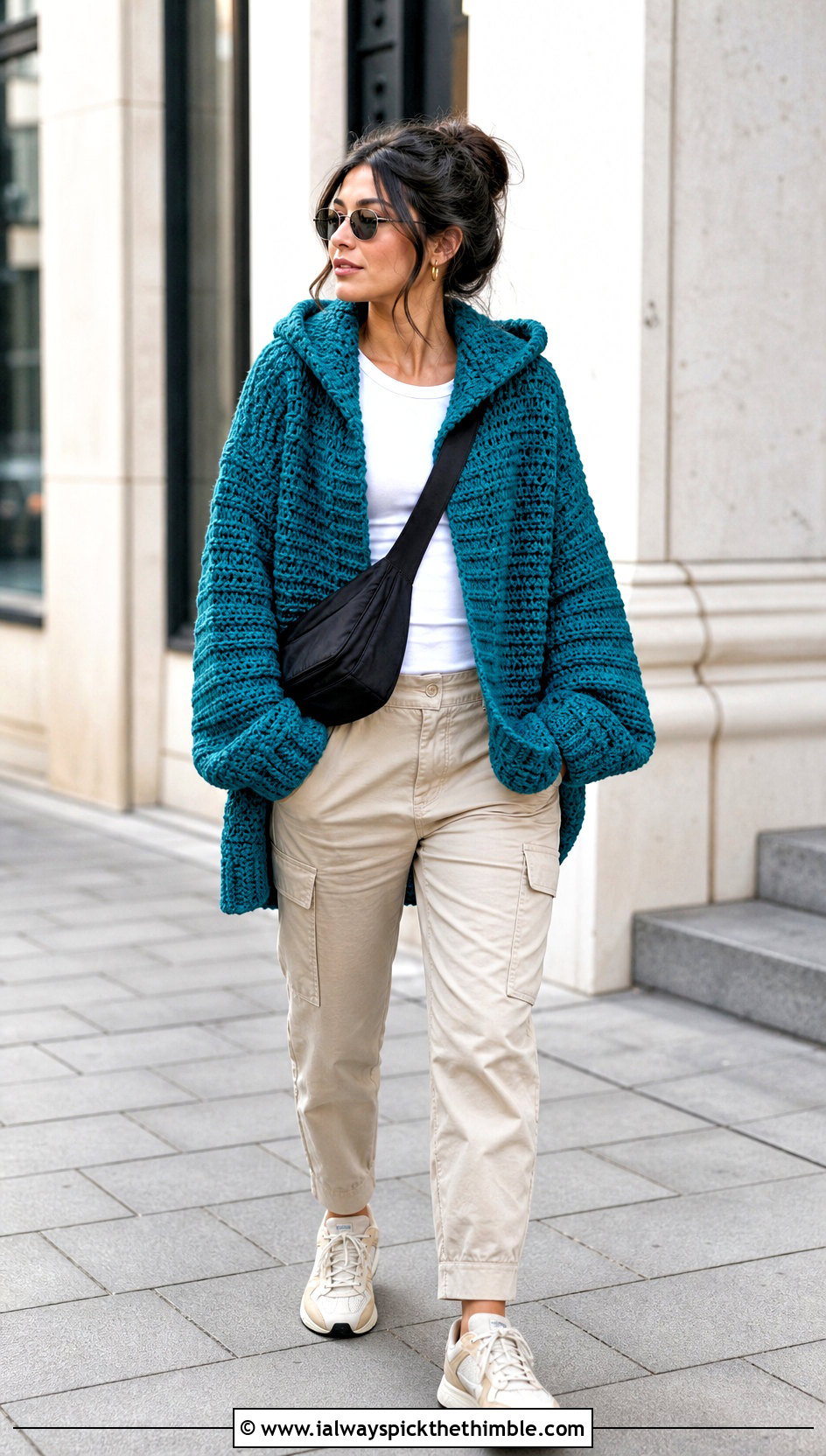 Hooded Oversized Crochet Sweater With Cargo Pants - 15 Oversized Crochet Sweaters outfit ideas