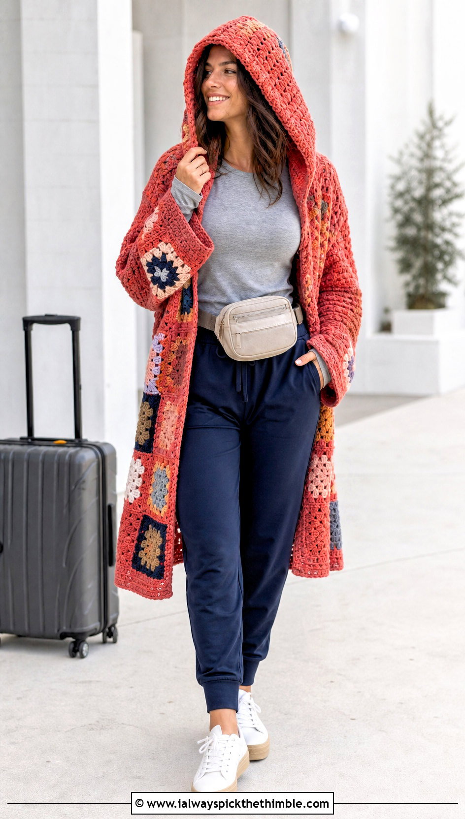 Hooded Oversized Patchwork Crochet Cardigan With Joggers - 15 oversized patchwork crochet cardigan outfit ideas