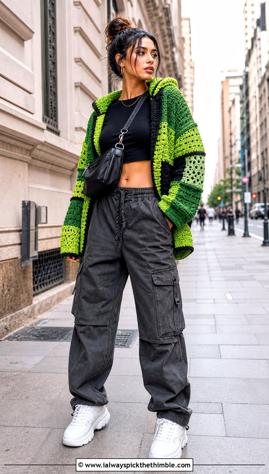 Hooded Patchwork Block Cardigan With Cargo Pants - 20 crochet block cardigan outfit ideas