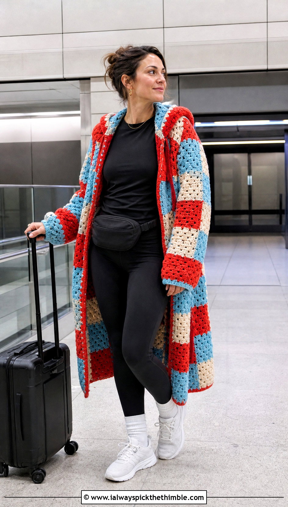 Hooded Patchwork Cardigan With Leggings And Sneakers - 20 crochet patch work cardigan outfit ideas