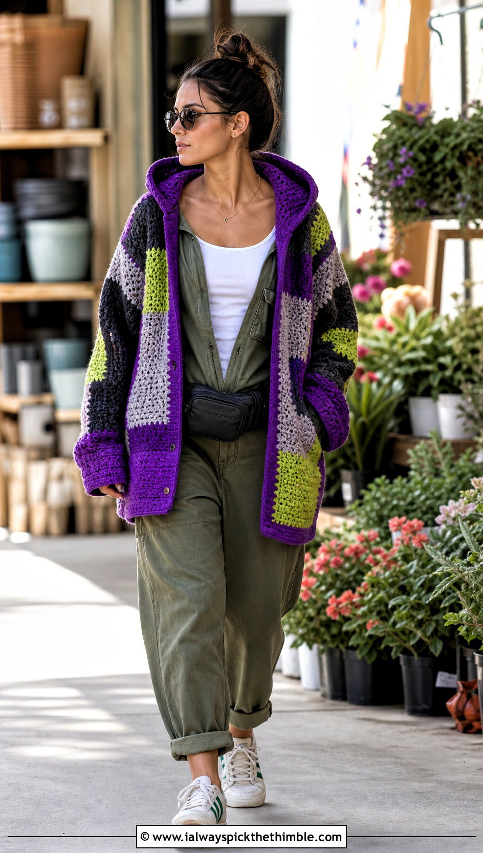 Hooded Patchwork Crochet Cardigan With Utility Jumpsuit - 15 harry styles patchwork crochet cardigan outfit ideas