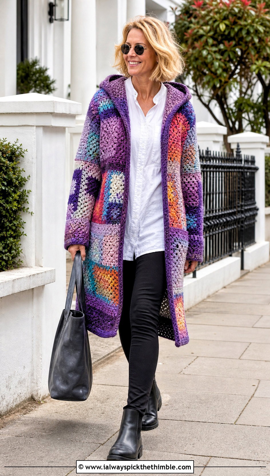 Hooded Patchwork Crochet Coat With Black Leggings - 25 crochet coat outfit ideas