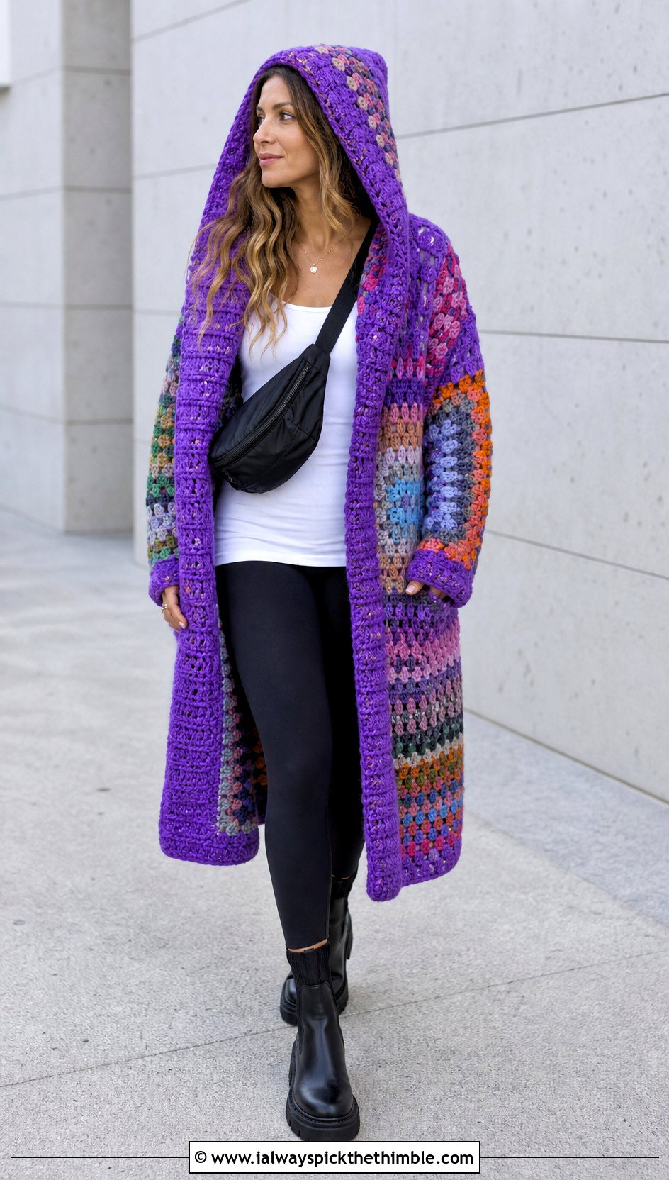 Hooded Patchwork Crochet Coat With Black Leggings - 20 Crochet Coat For Women outfit ideas