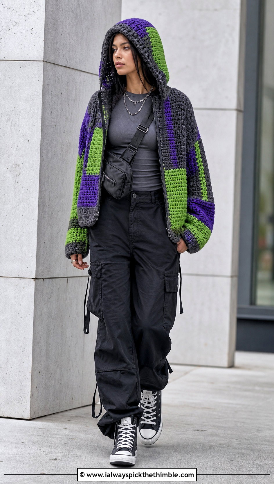 Hooded Patchwork Crochet Sweater With Cargo Pants - 25 patchwork crochet sweater outfit ideas