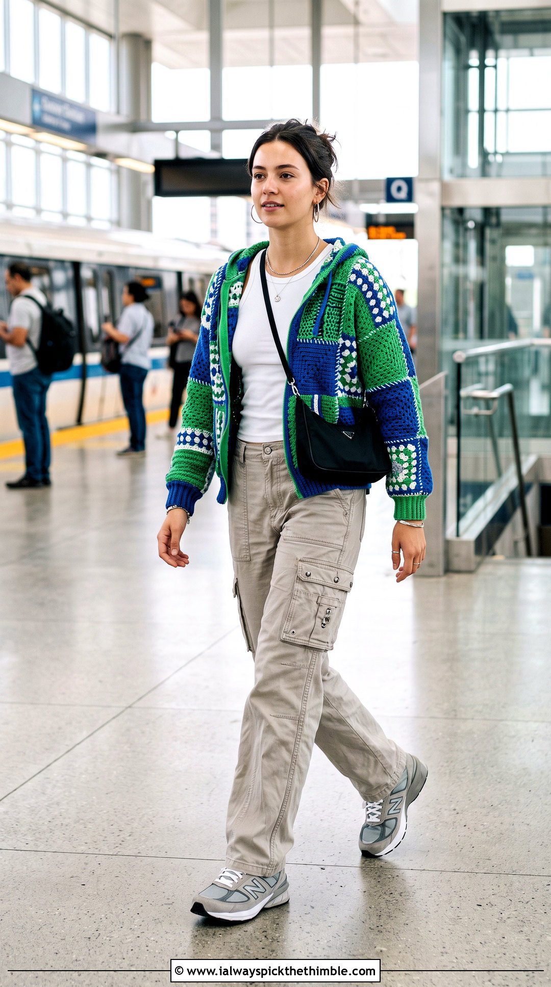Hooded Patchwork Harry Styles Cardigan With Cargo Pants - 15 Crocheting Harry Styles Cardigan outfit ideas