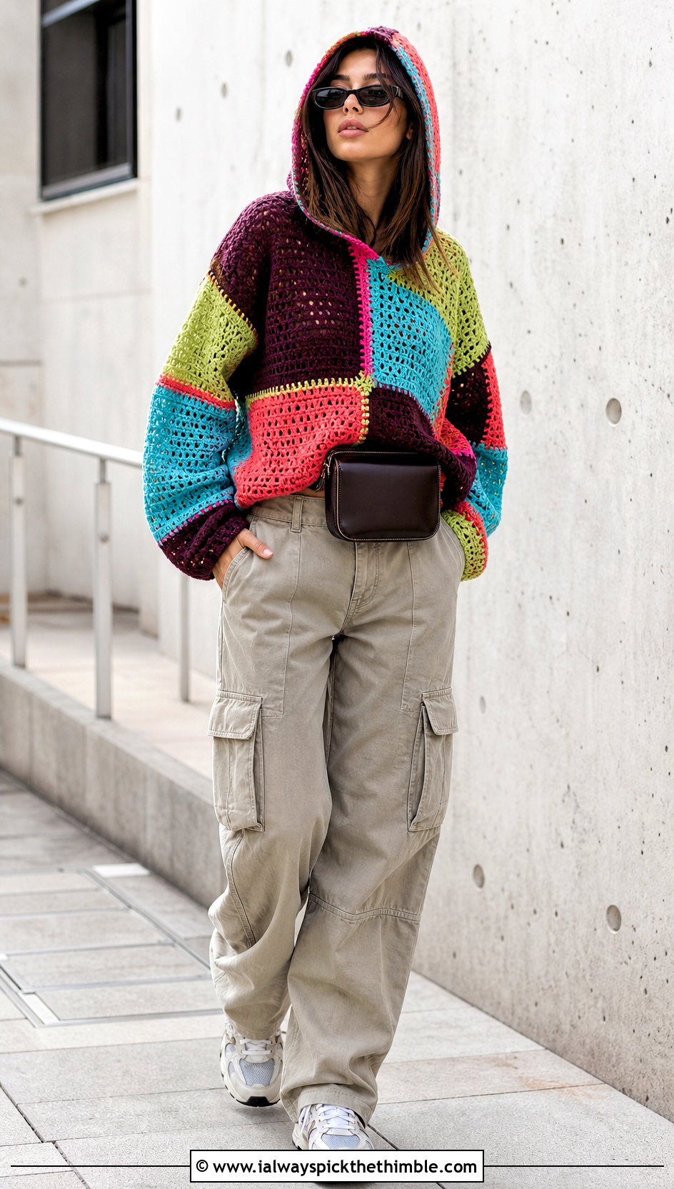 Hooded Patchwork Rainbow Crochet Sweater With Cargo Pants - 20 Rainbow Crochet Sweater outfit ideas