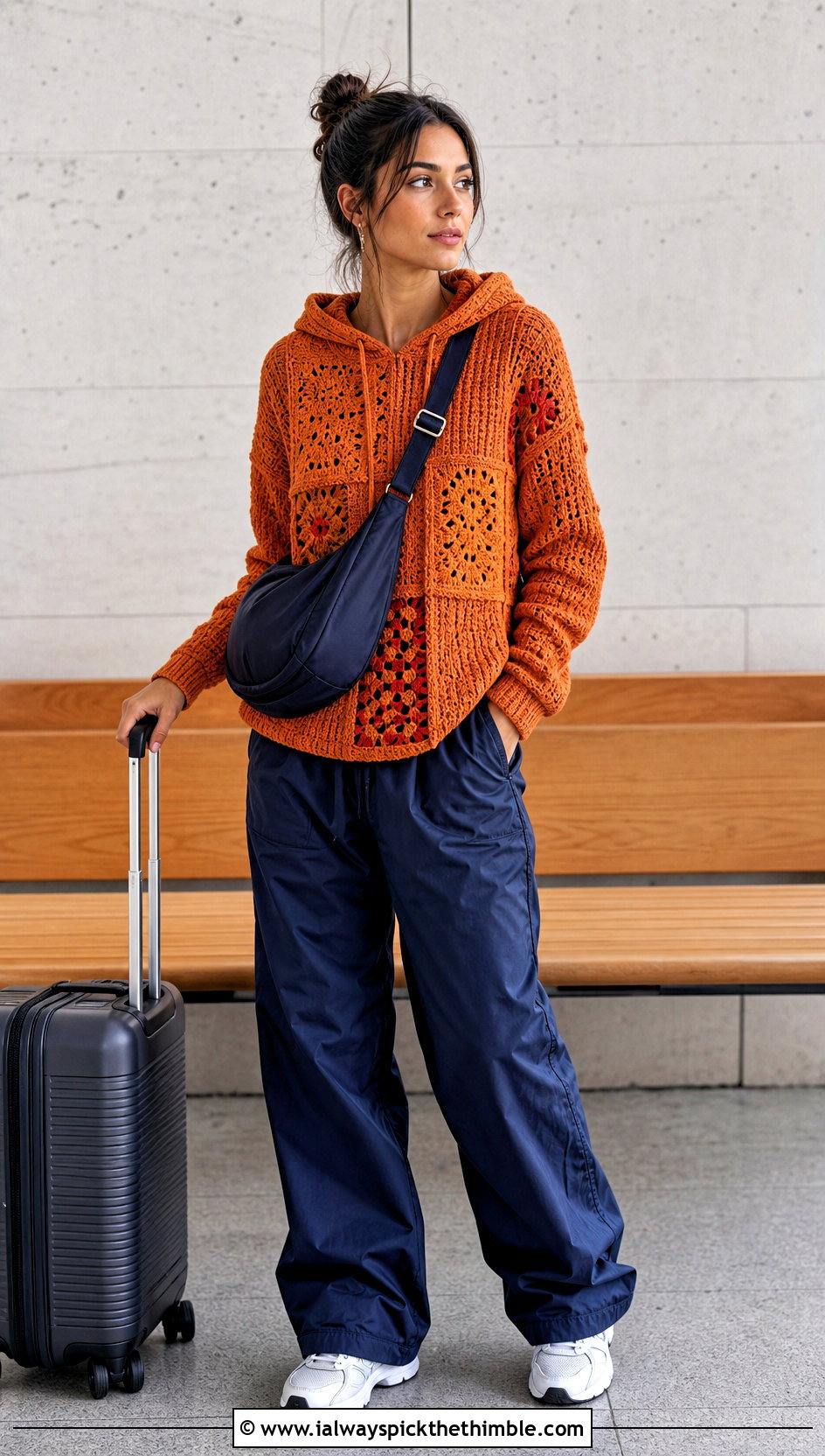 Hooded Patchwork Sweater With Parachute Pants - 20 crochet patchwork sweater outfit ideas