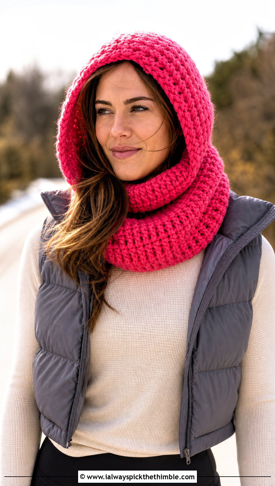 Hooded Pink Crochet Cowl With Puffer Vest - 15 pink crochet cowl outfit ideas