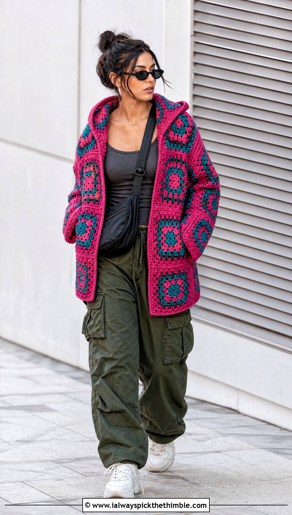Hooded Pink Granny Square Cardigan With Cargo Pants - 25 pink granny square cardigan outfit ideas