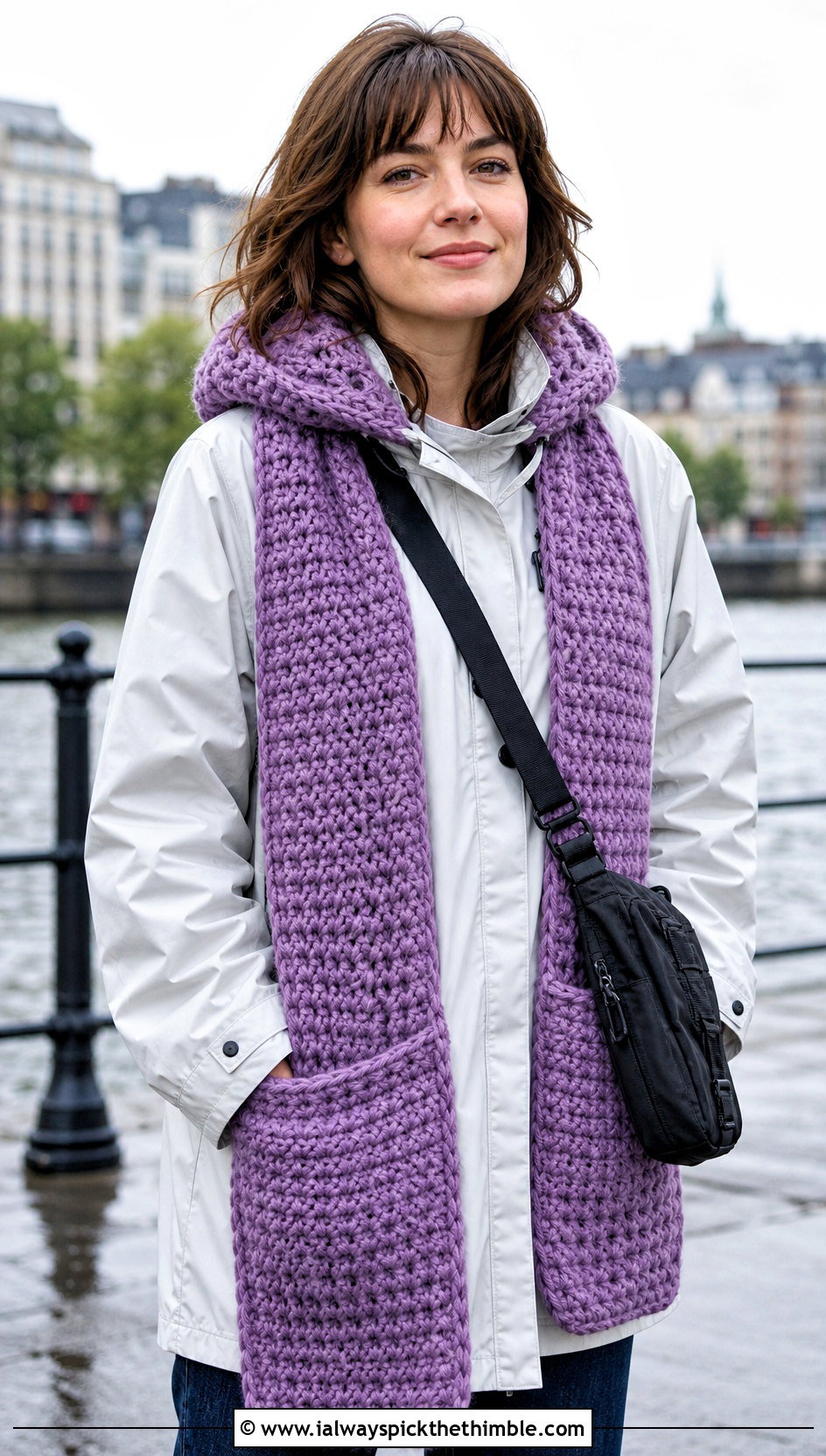 Hooded Pocket Bulky Yarn Crochet Scarf With Raincoat - 20 bulky yarn crochet scarf outfit ideas