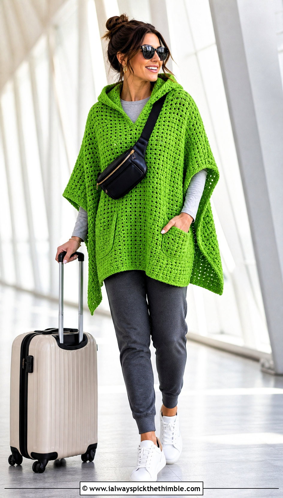 Hooded Pocket Chunky Crochet Poncho With Joggers - 20 Chunky Crochet Poncho outfit ideas