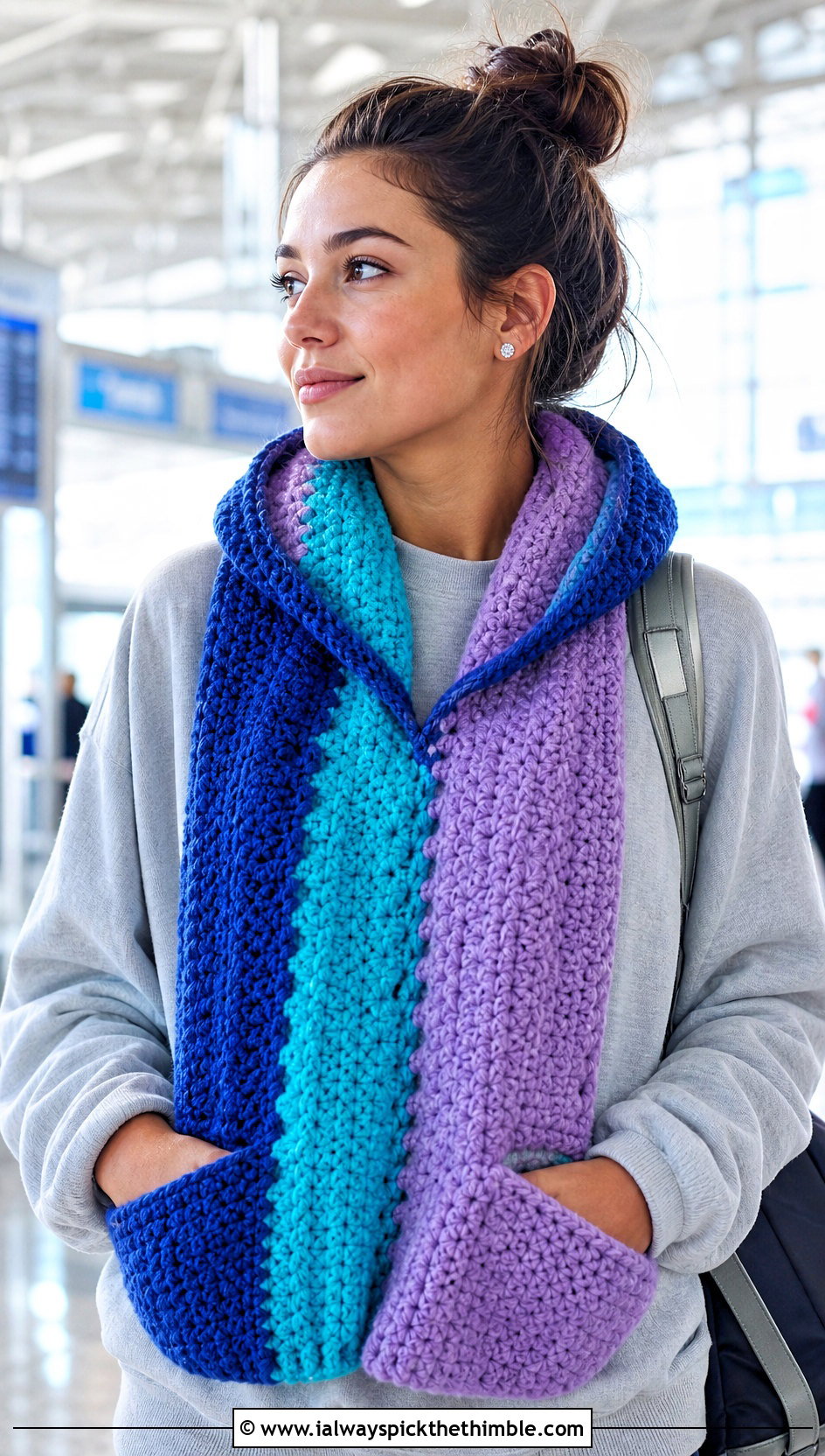 Hooded Pocket Color Block Crochet Scarf With Leggings - 20 Color Block Crochet Scarf outfit ideas