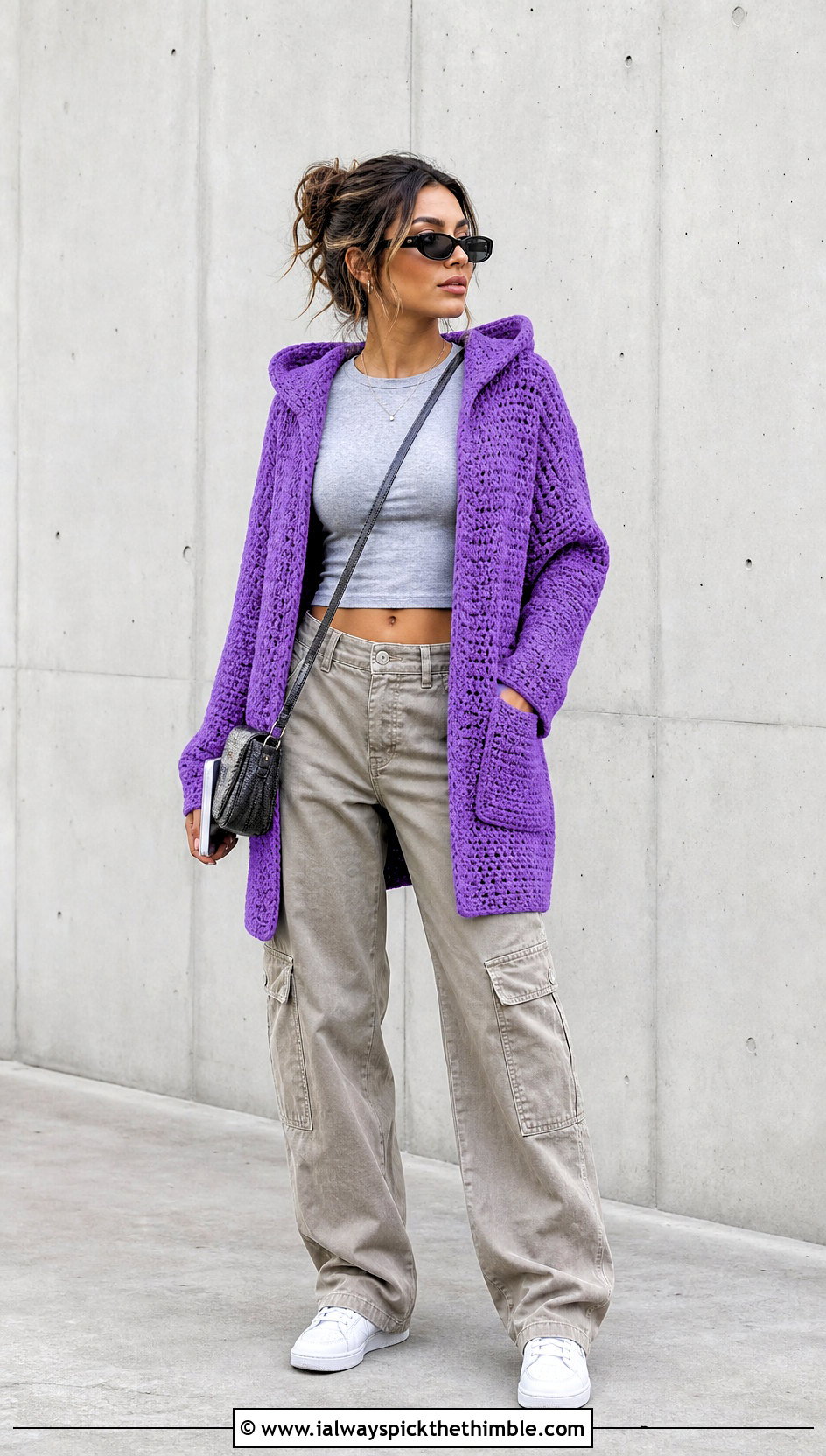 Hooded Pocket Crochet Cardigan With Cargo Pants - 25 crochet cardigan with pockets outfit ideas