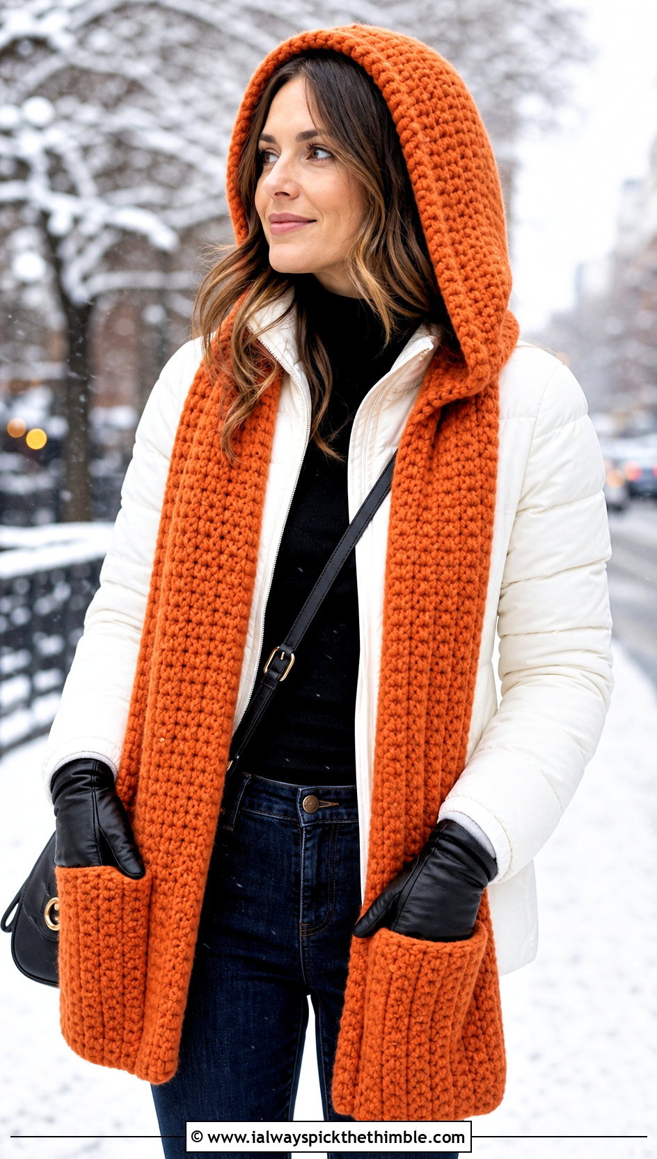 Hooded Pocket Crochet Cashmere Scarf With Puffer Jacket - 20 crochet cashmere scarf outfit ideas