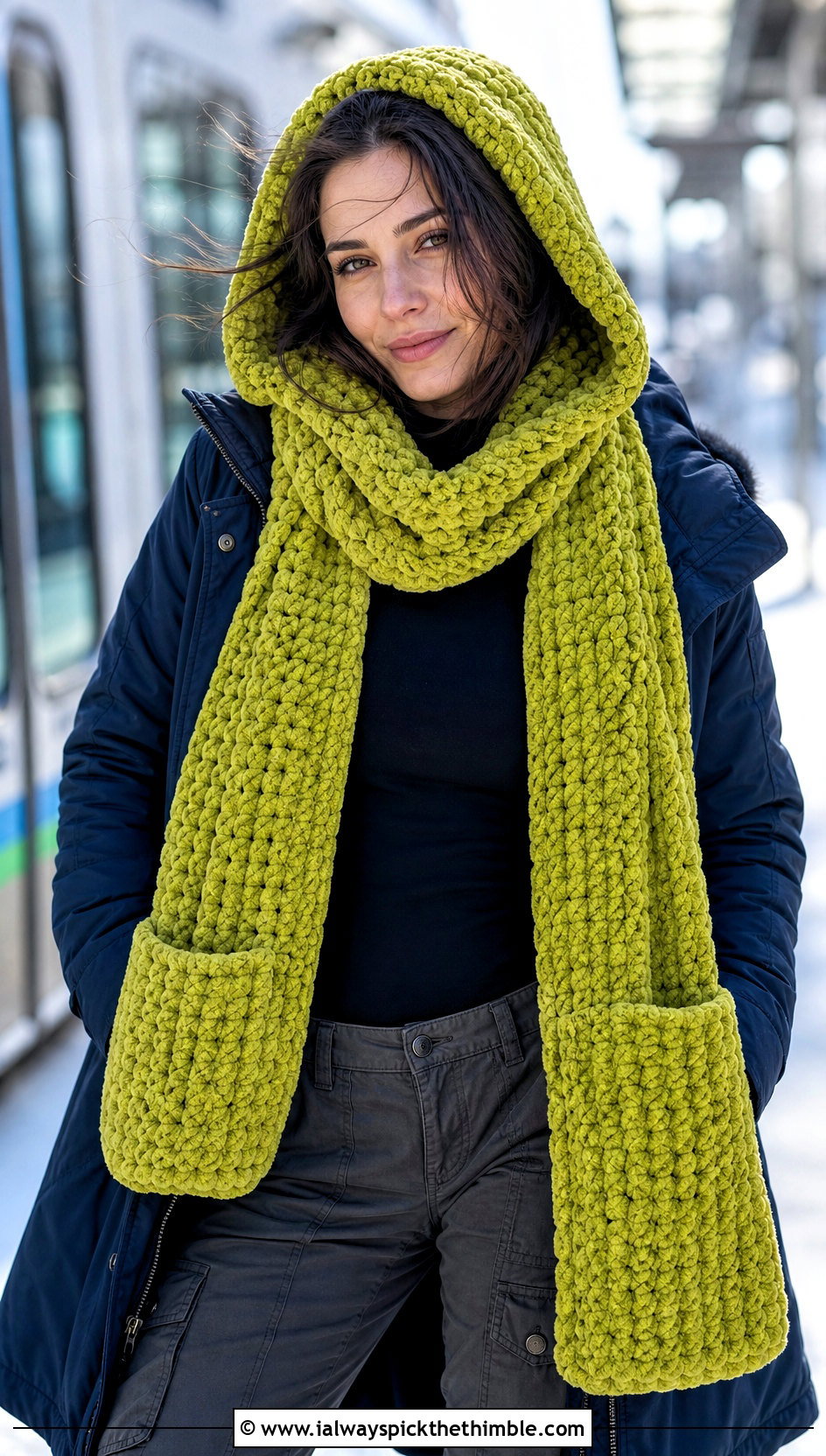 Hooded Pocket Crochet Chenille Scarf With Parka - 20 crochet chenille scarf outfit ideas