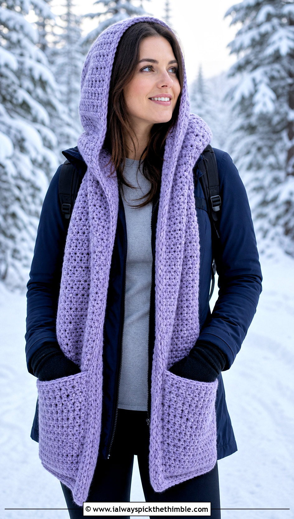 Hooded Pocket Crochet Long Scarf With Parka And Leggings - 20 Crochet Long Scarf outfit ideas