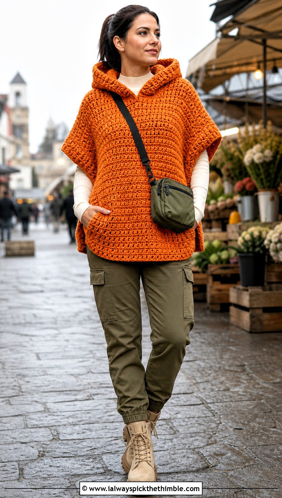 Hooded Pocket Crochet Poncho With Cargo Pants - 15 Modern Crochet Poncho outfit ideas