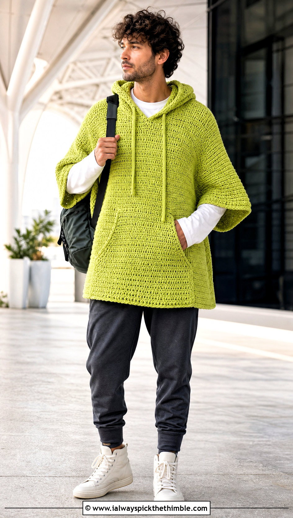 Hooded Pocket Crochet Poncho With Joggers - 20 mens crochet poncho outfit ideas