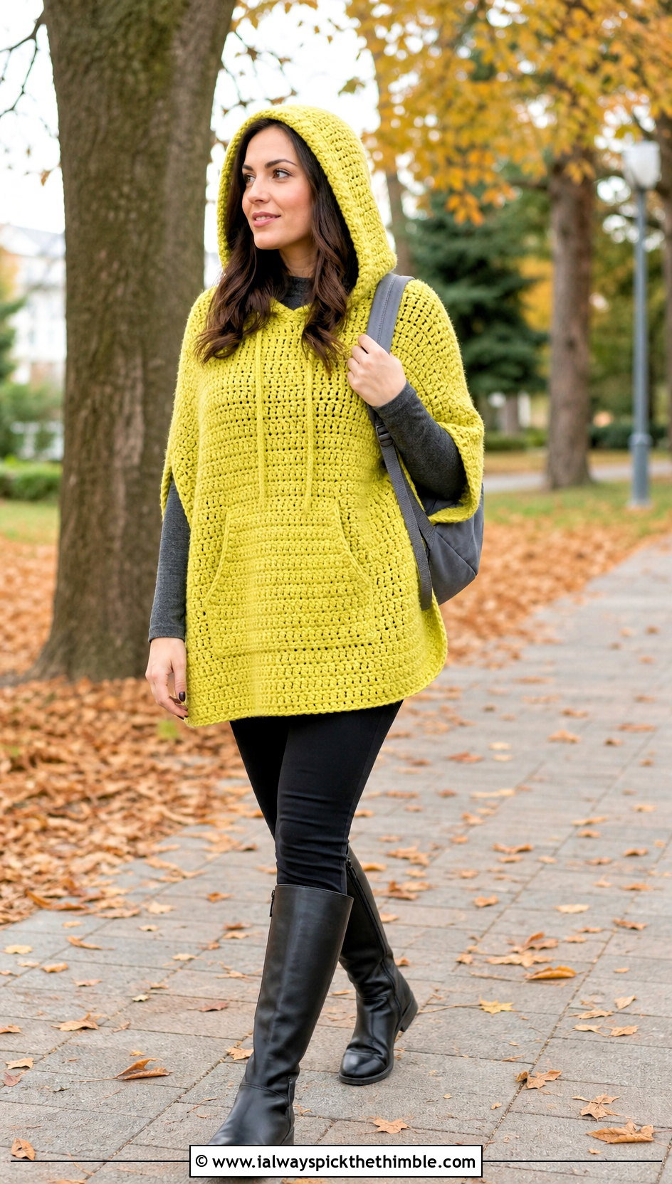 Hooded Pocket Crochet Poncho With Leggings And Boots - 25 crochet ponchos outfit ideas