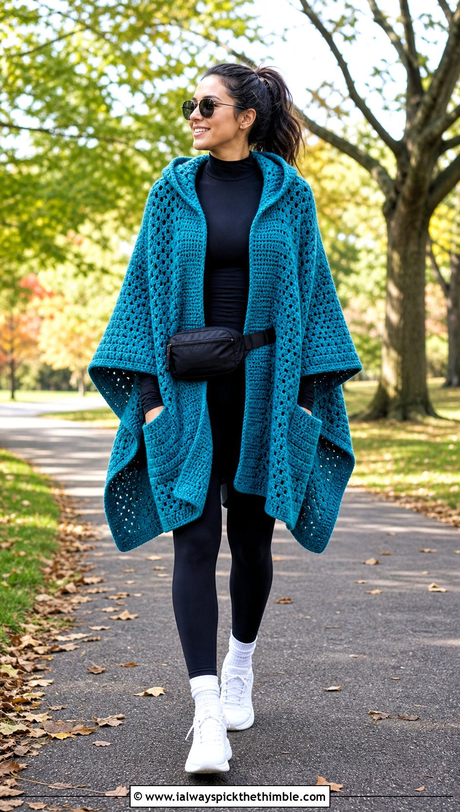 Hooded Pocket Crochet Poncho With Leggings And Sneakers - 20 Crochet Fall Poncho outfit ideas