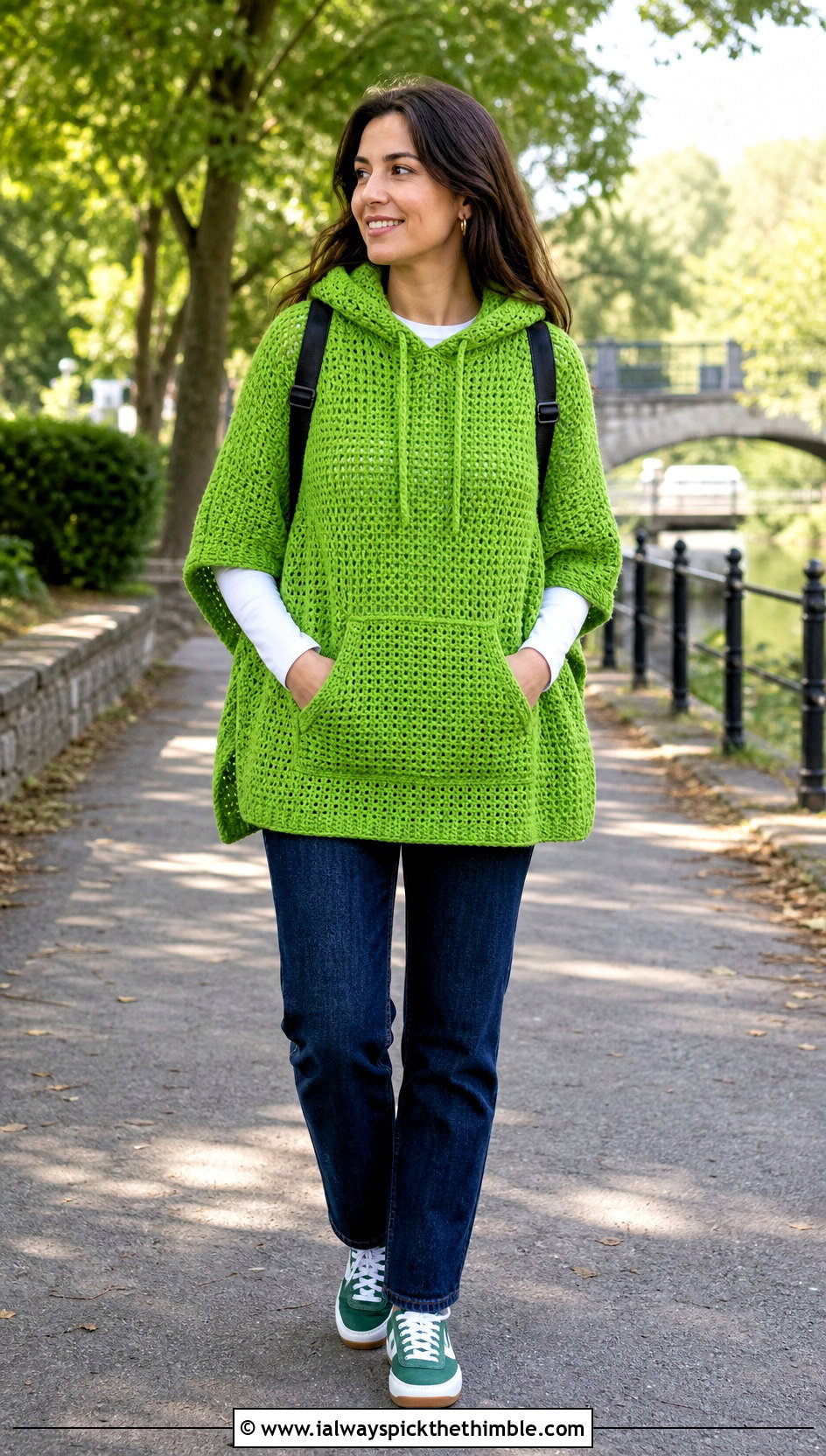 Hooded Pocket Crochet Poncho With Straight Leg Jeans - 25 crochet poncho woman outfit ideas