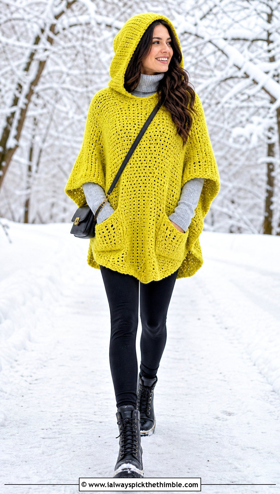 Hooded Pocket Crochet Poncho With Winter Leggings - 15 Winter Crochet Poncho outfit ideas