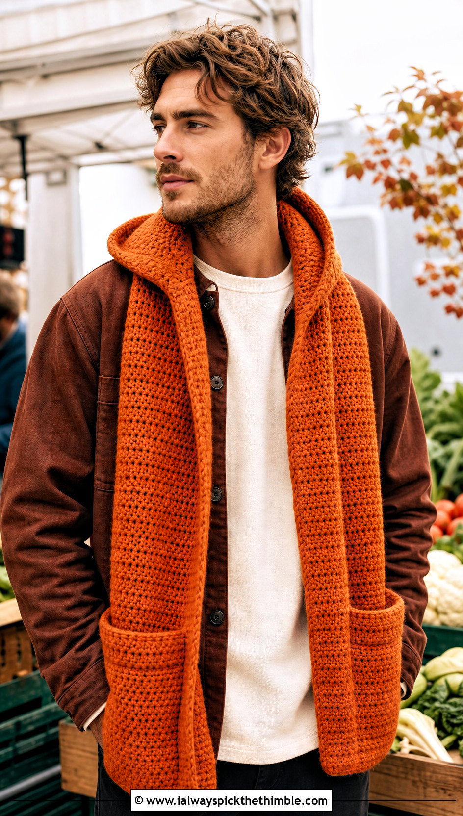 Hooded Pocket Crochet Scarf With Chore Jacket - 25 crochet scarf for men outfit ideas