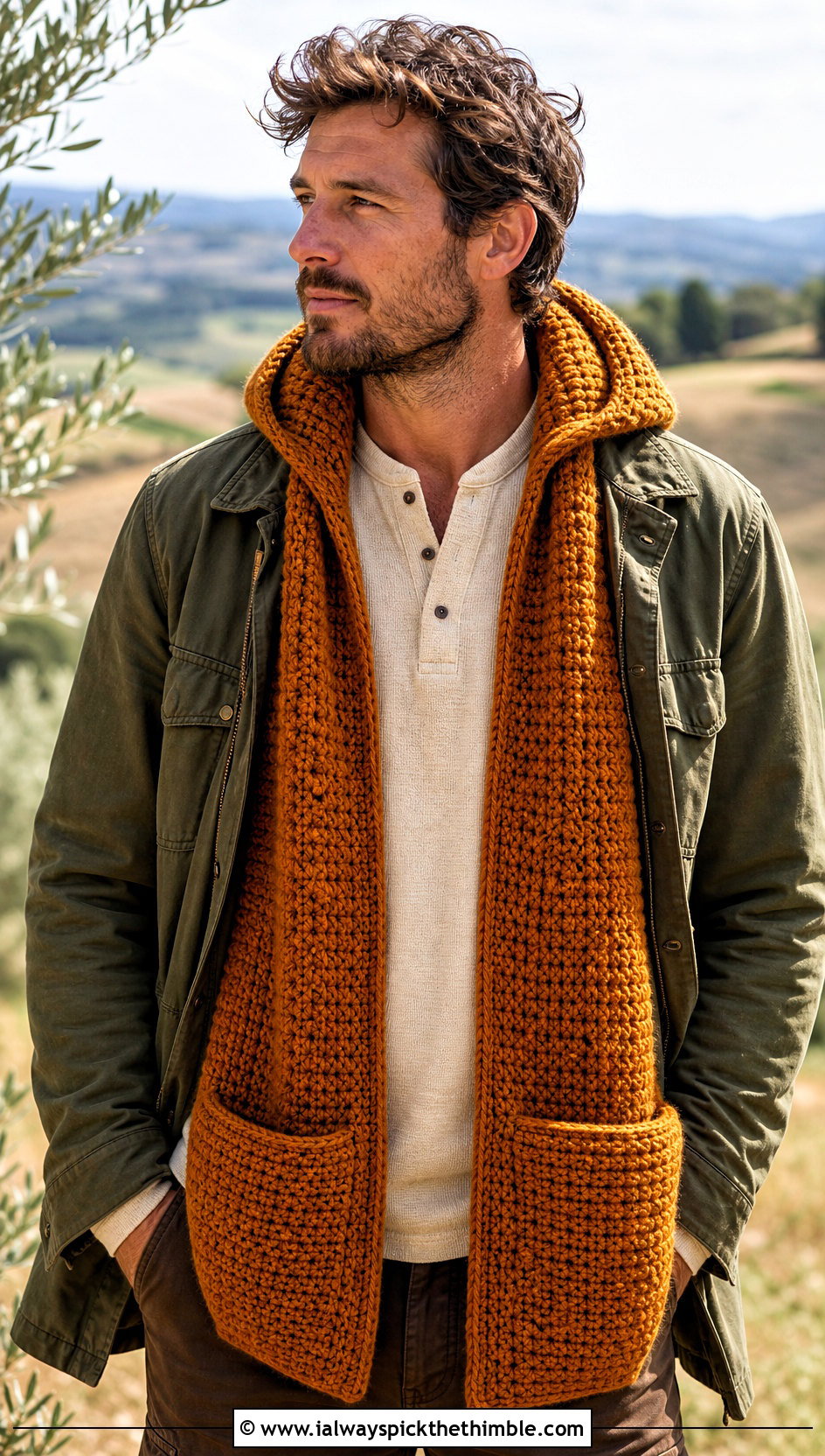 Hooded Pocket Crochet Scarf With Field Jacket - 20 easy crochet scarf men outfit ideas