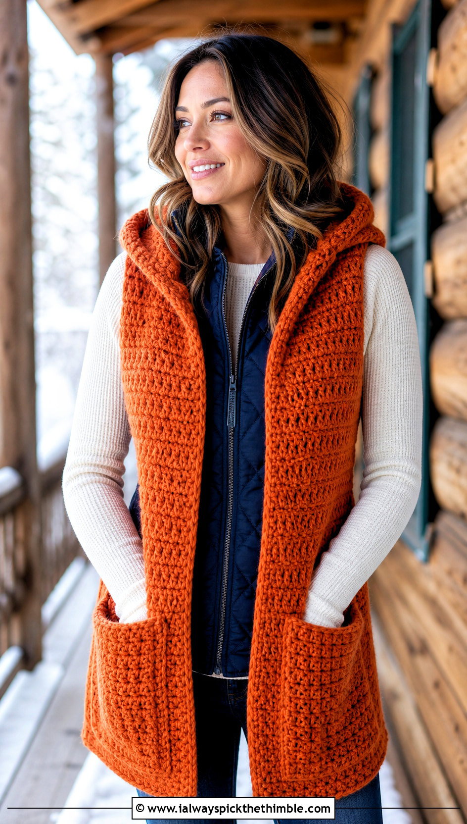 Hooded Pocket Crochet Scarf With Leggings - 20 boho crochet scarf outfit ideas