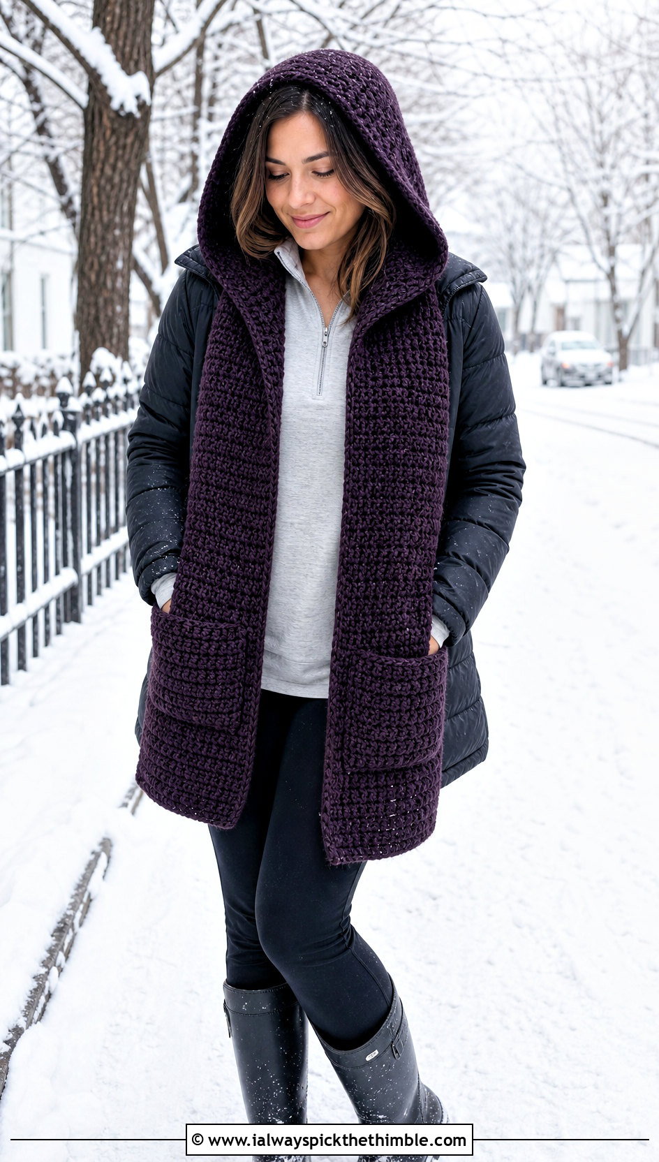 Hooded Pocket Crochet Scarf With Leggings - 20 Crochet Fun Scarf outfit ideas