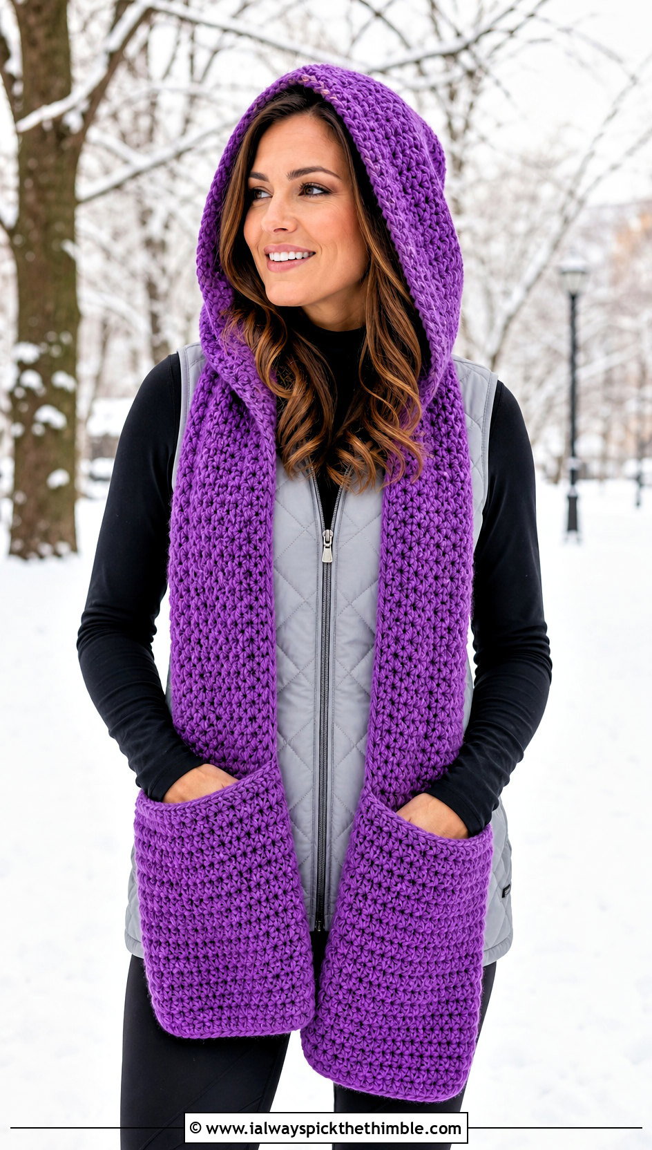 Hooded Pocket Crochet Scarf With Leggings - 20 Crochet Scarf For Beginners outfit ideas