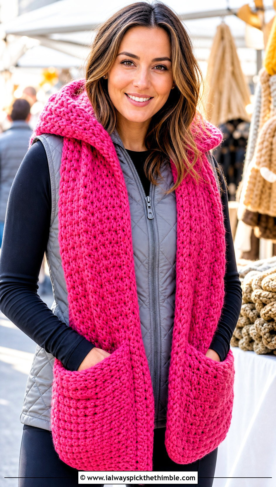 Hooded Pocket Crochet Scarf With Leggings - 25 beginner crochet scarf outfit ideas