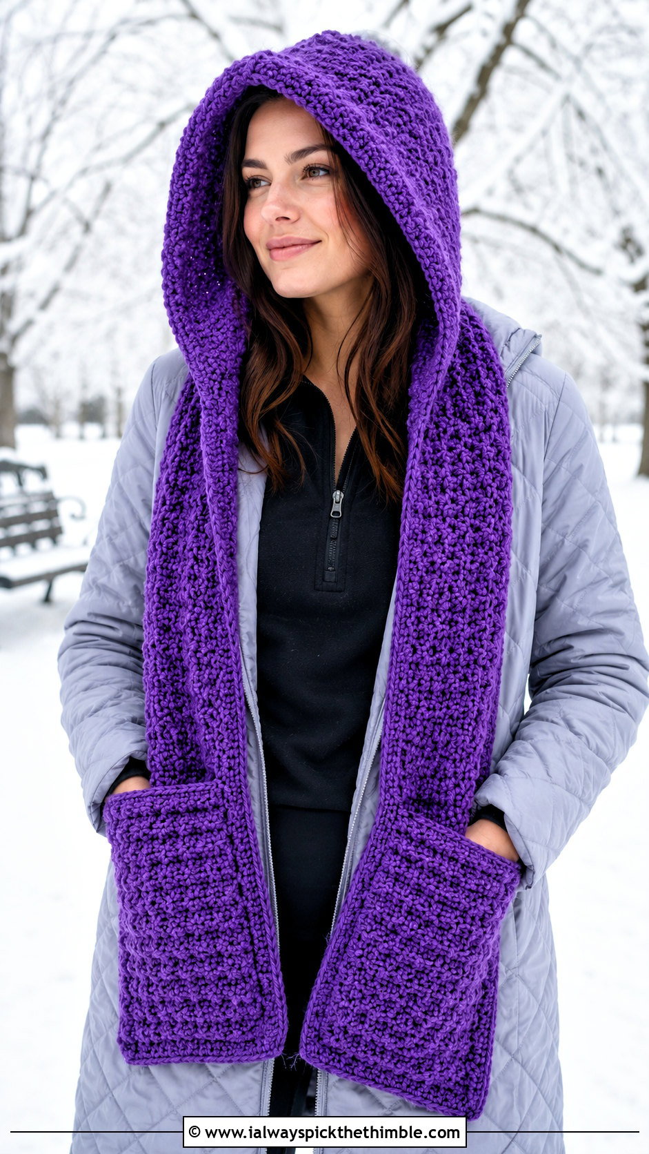 Hooded Pocket Crochet Scarf With Leggings - 25 crochet winter scarf outfit ideas