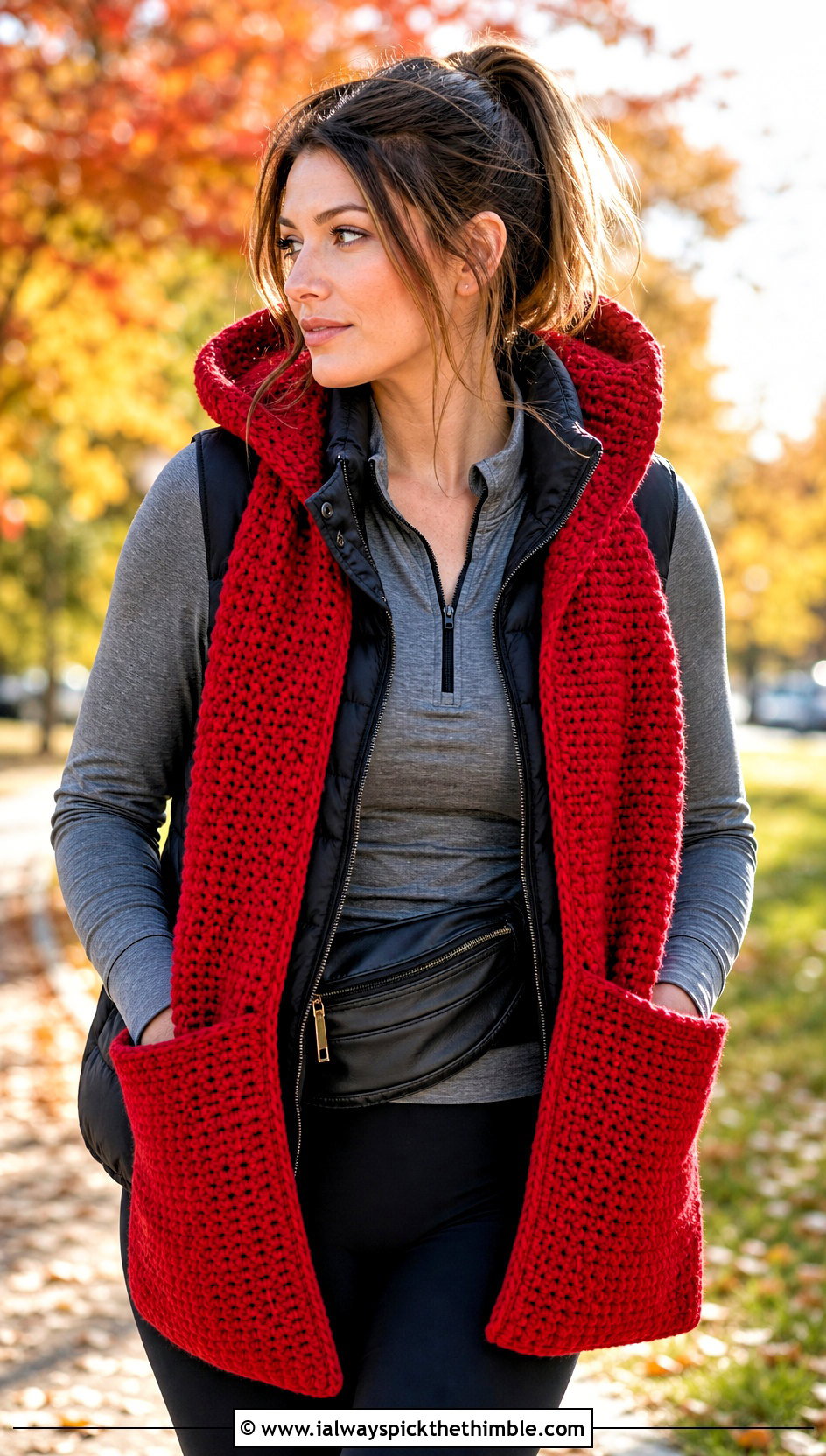 Hooded Pocket Crochet Scarf With Leggings - 15 Crochet Fall Scarf outfit ideas