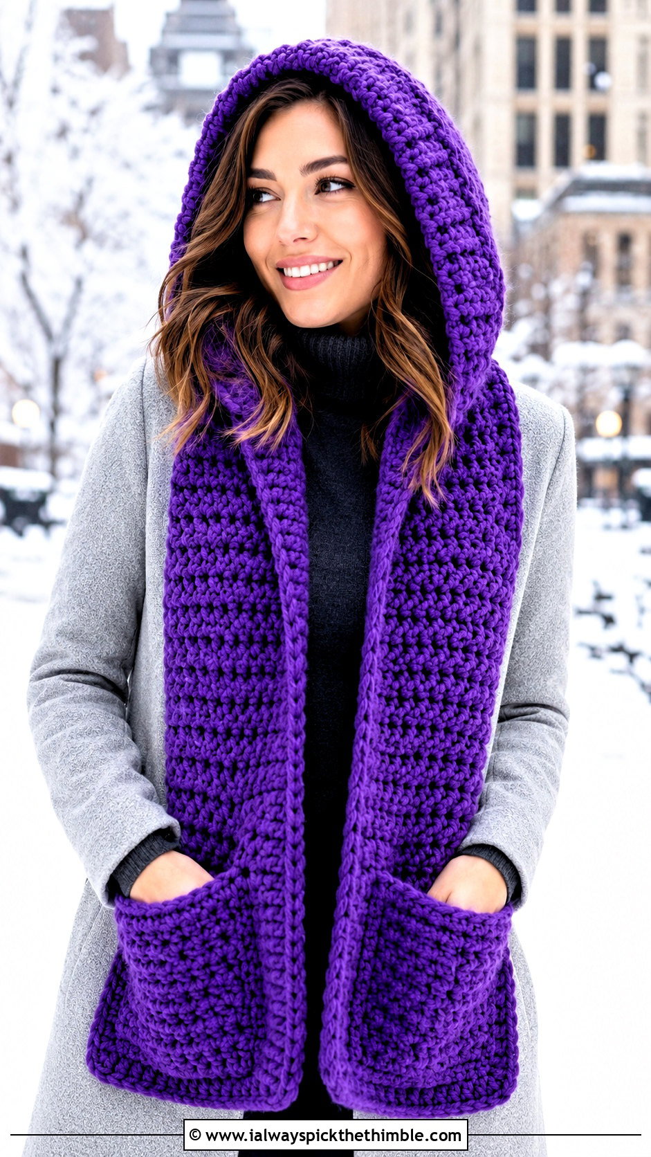 Hooded Pocket Crochet Scarf With Long Coat - 25 easy crochet scarf for beginners outfit ideas