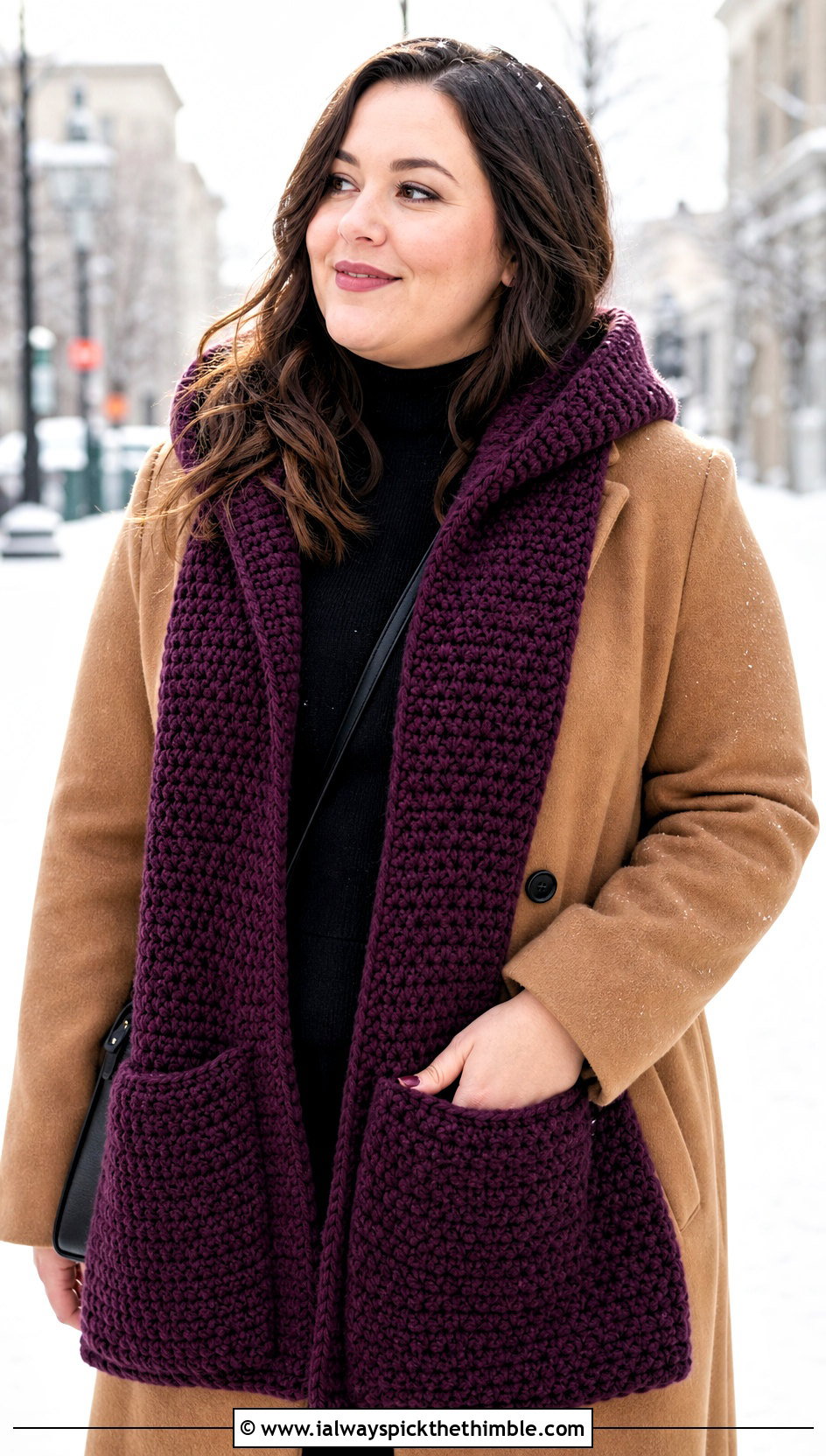 Hooded Pocket Crochet Scarf With Long Coat - 20 unique crochet scarf outfit ideas
