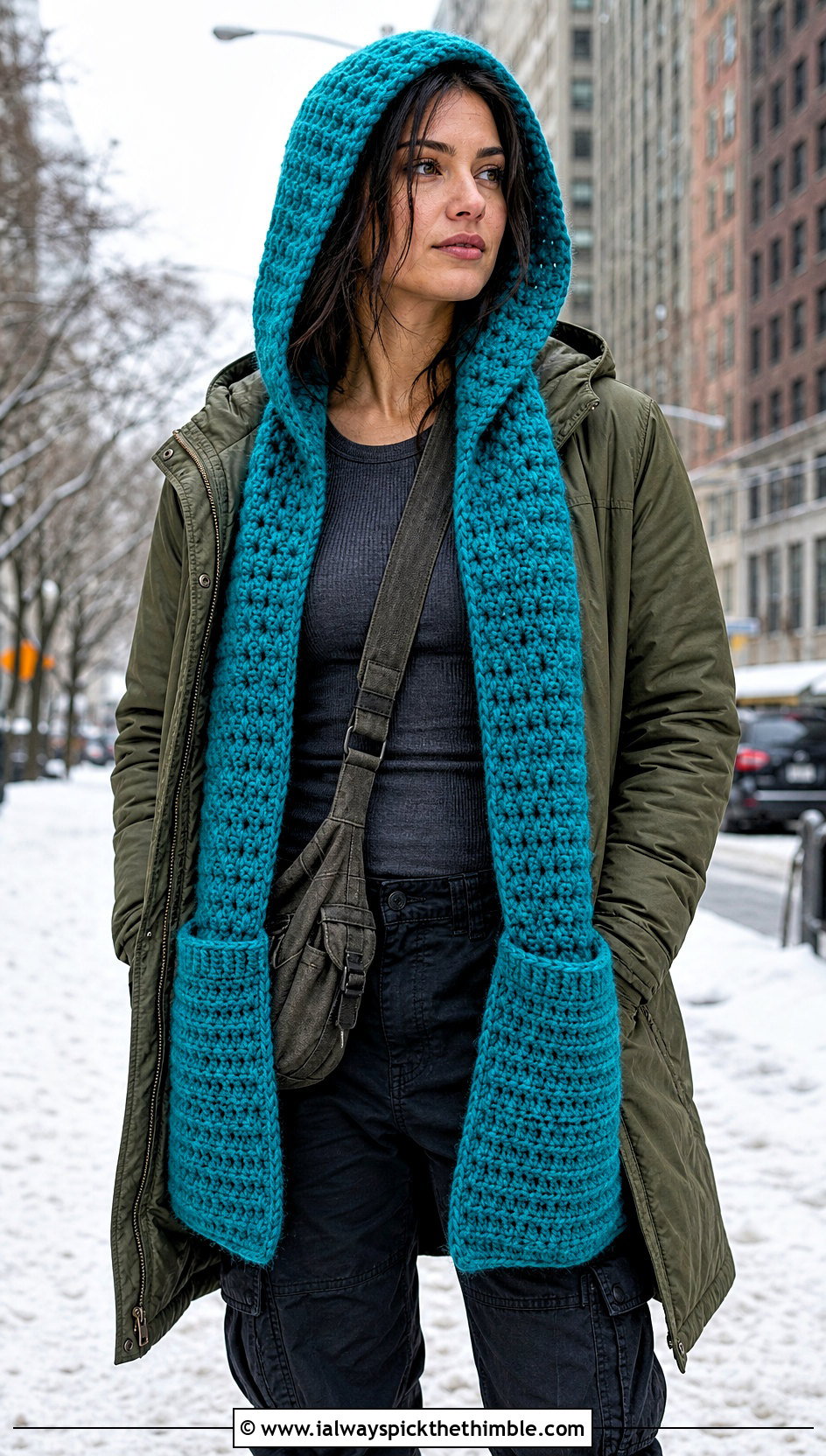 Hooded Pocket Crochet Scarf With Parka And Cargo Pants - 25 fun crochet scarf outfit ideas