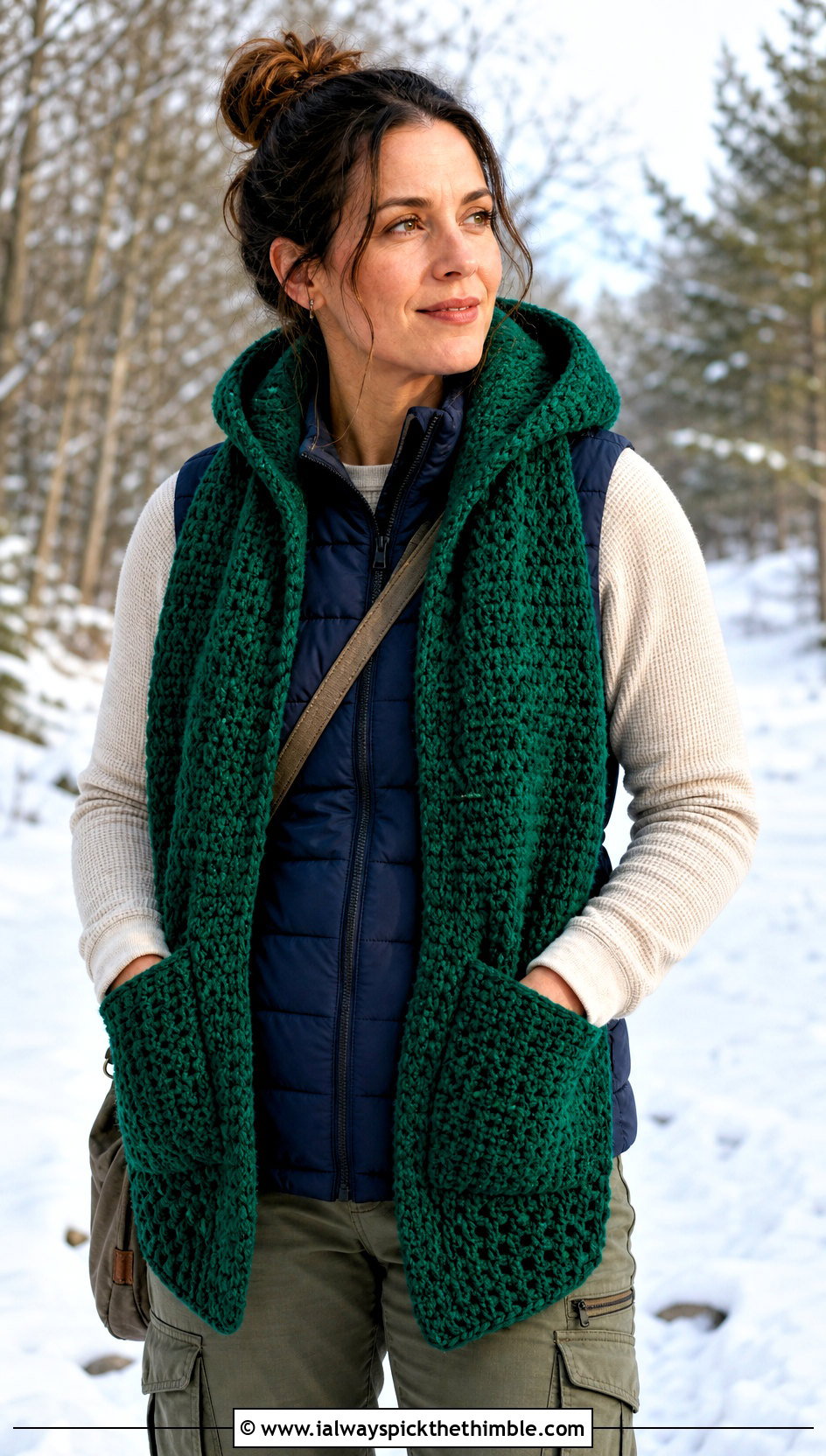 Hooded Pocket Crochet Scarf With Puffer Vest - 20 pretty crochet scarf outfit ideas