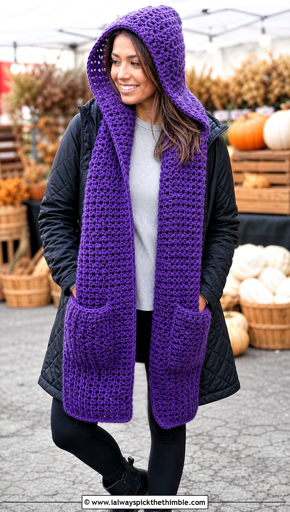 Hooded Pocket Crochet Scarf With Quilted Coat and Leggings - 25 fall crochet scarf outfit ideas