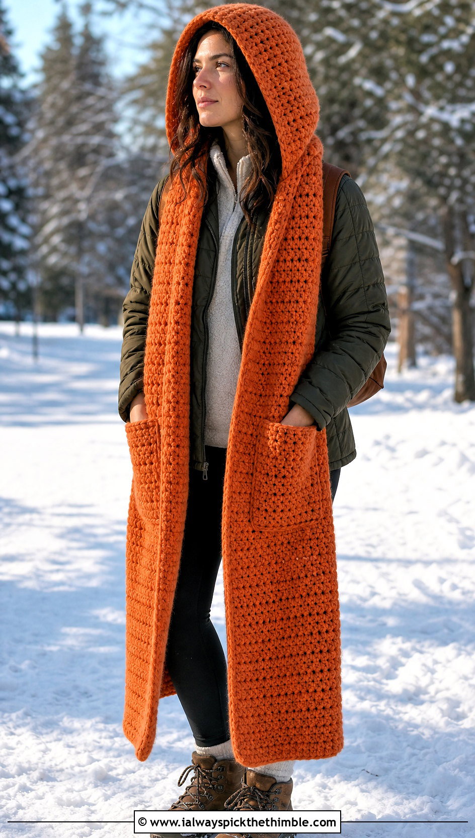 Hooded Pocket Crochet Scarf With Quilted Jacket And Leggings - 15 Winter Crochet Scarf Design outfit ideas