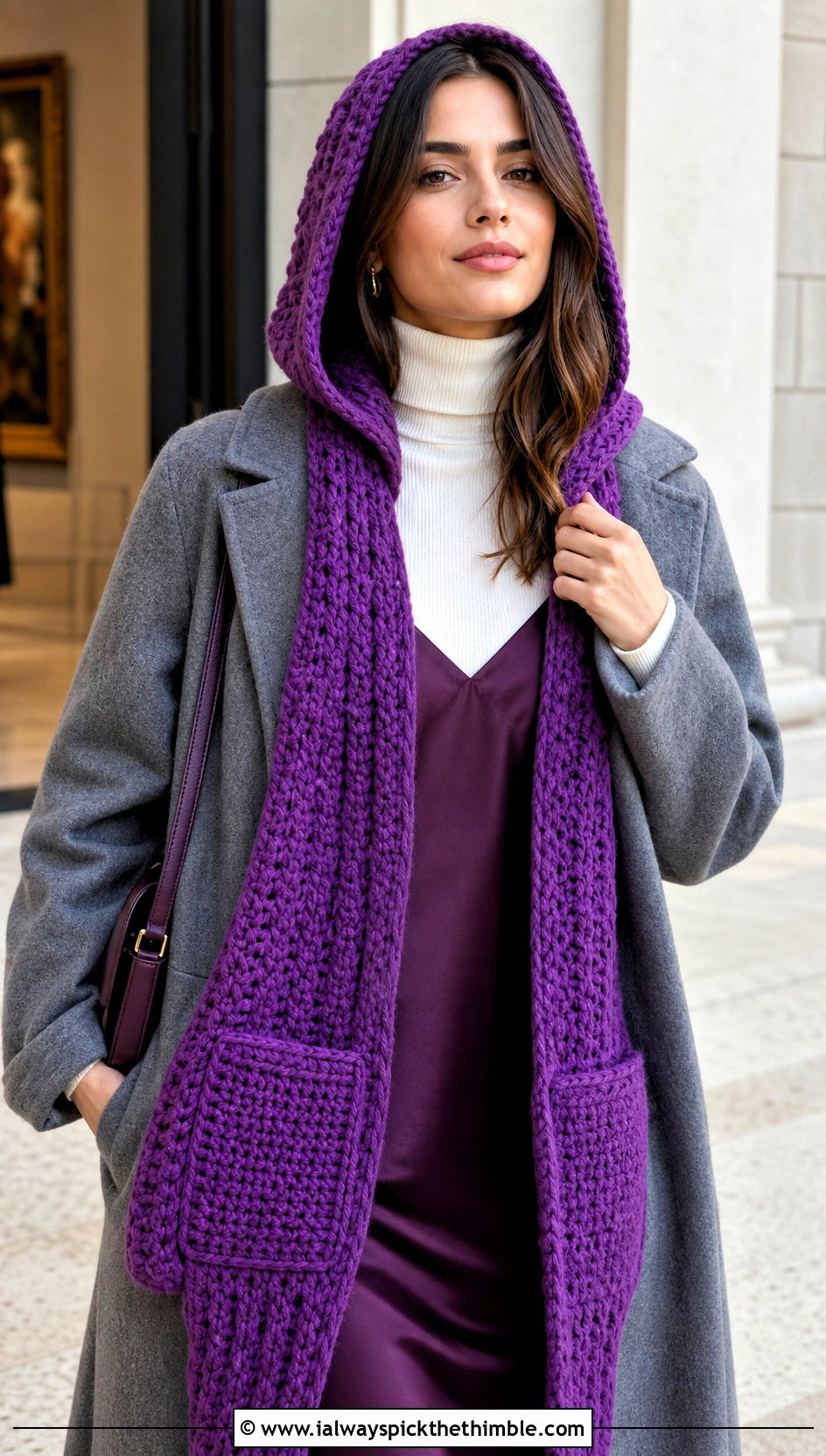 Hooded Pocket Crochet Scarf With Slip Dress - 15 unusual crochet scarf outfit ideas