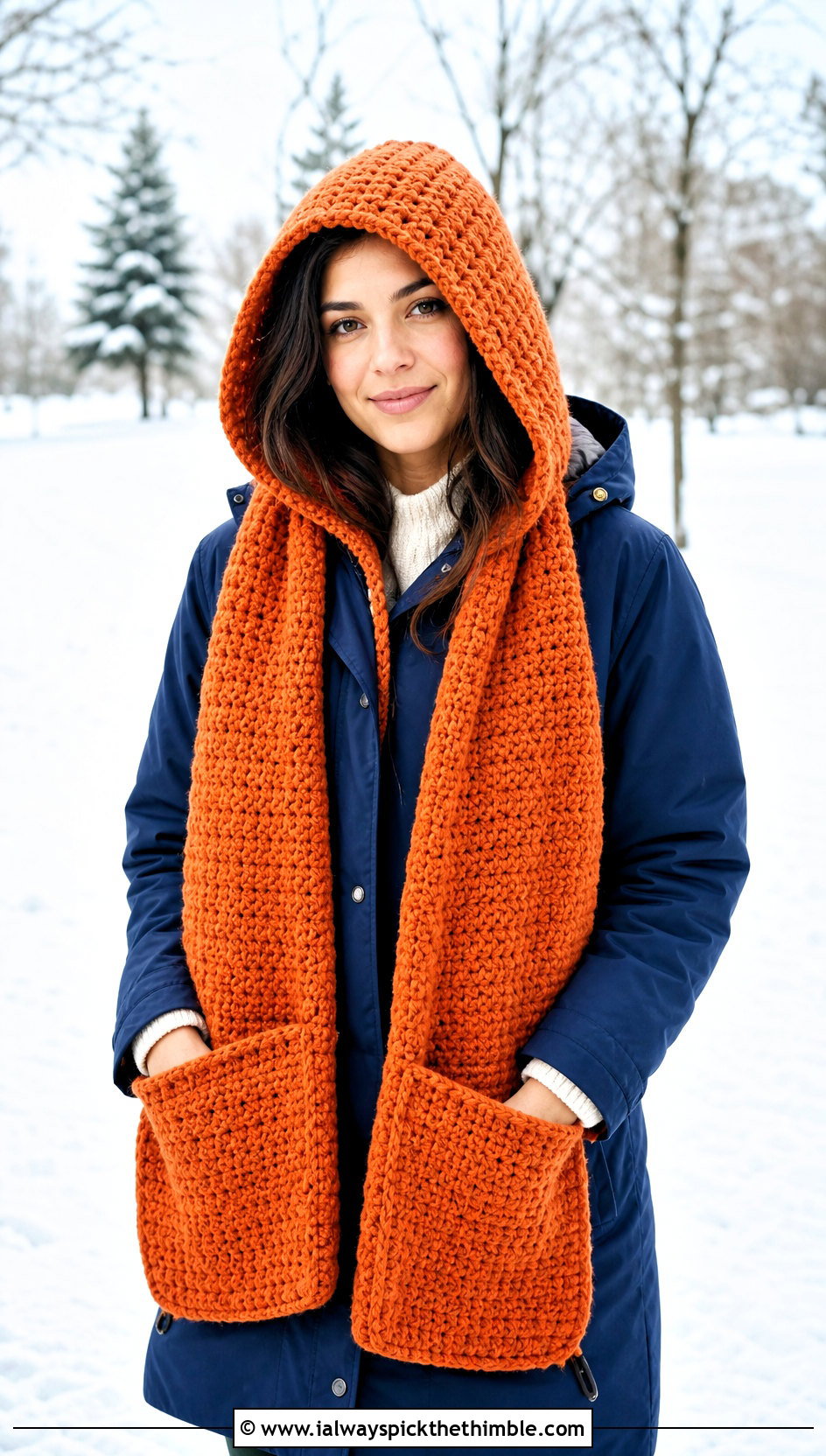 Hooded Pocket Crochet Scarf With Snow Boots - 25 Winter Crochet Scarf outfit ideas