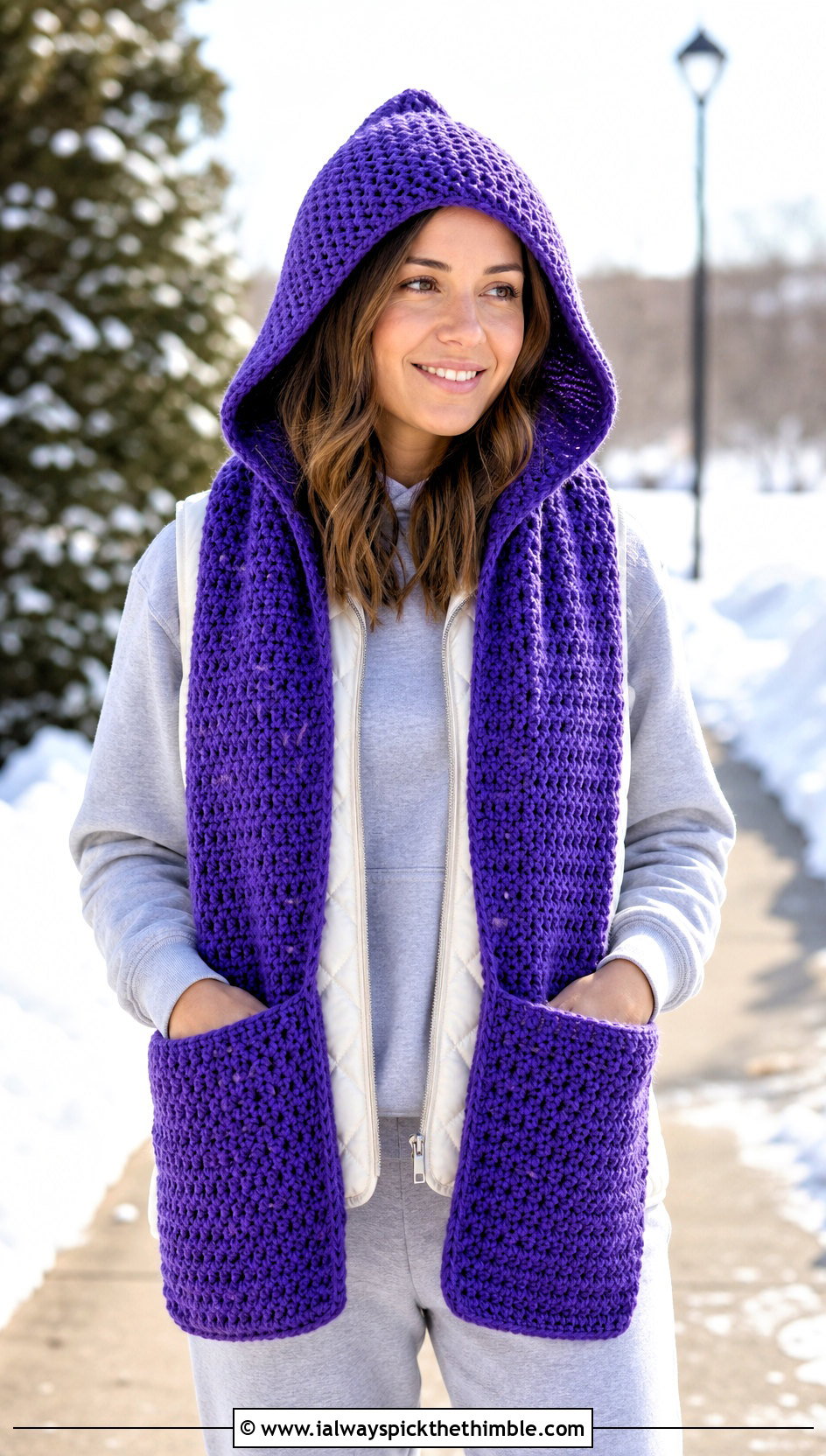 Hooded Pocket Crochet Scarf With Sweatsuit - 20 Multifunctional Crochet Scarf outfit ideas