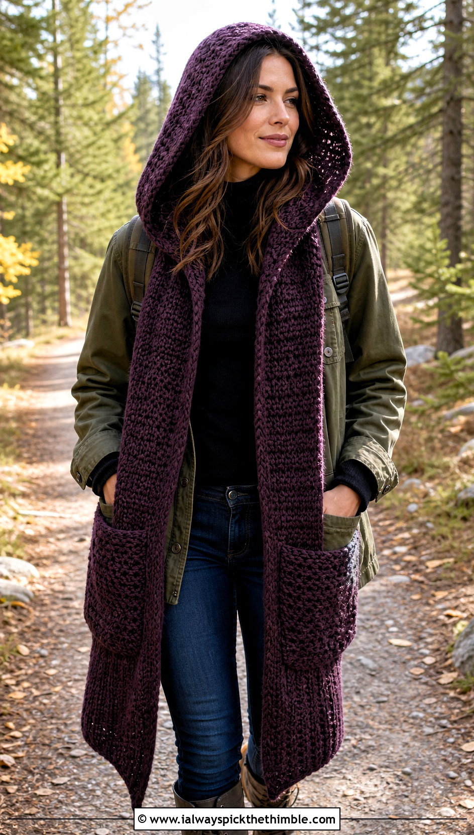 Hooded Pocket Crochet Scarf With Utility Jacket - 25 simple crochet scarf outfit ideas