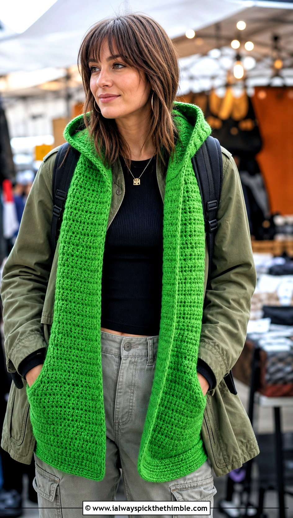 Hooded Pocket Crochet Scarf With Utility Jacket And Cargo Pants - 20 Quick And Easy Crochet Scarf outfit ideas