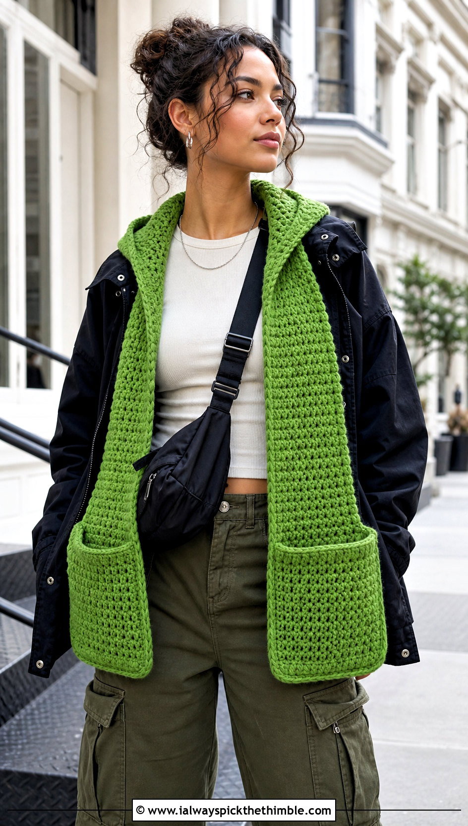 Hooded Pocket Crochet Scarf With Utility Jacket - 20 crochet for scarfs outfit ideas