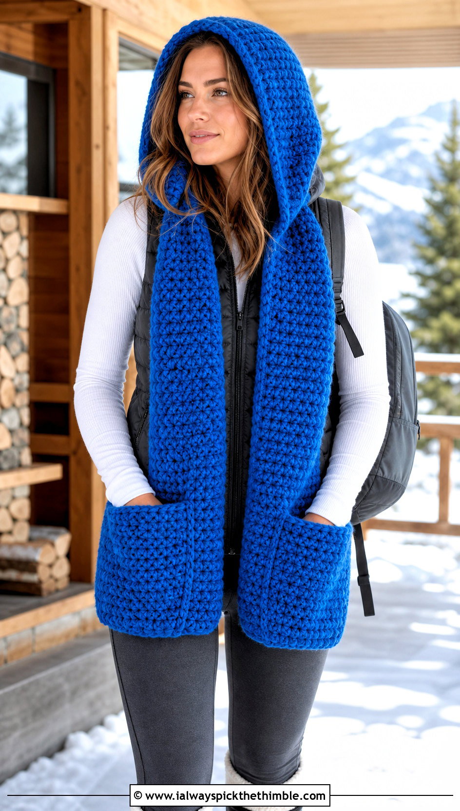 Hooded Pocket Crochet Scarf With Winter Leggings - 20 wanderlust crochet scarf outfit ideas